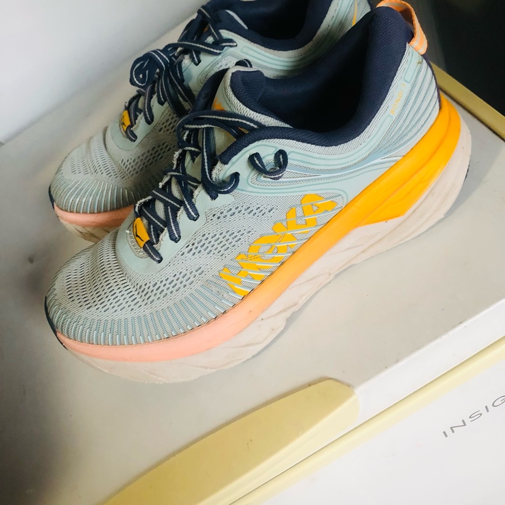 Hoka Women’s Bondi 8 Sneakers in Pale Blue with Yellow and Coral Accents - Picture 2 of 6